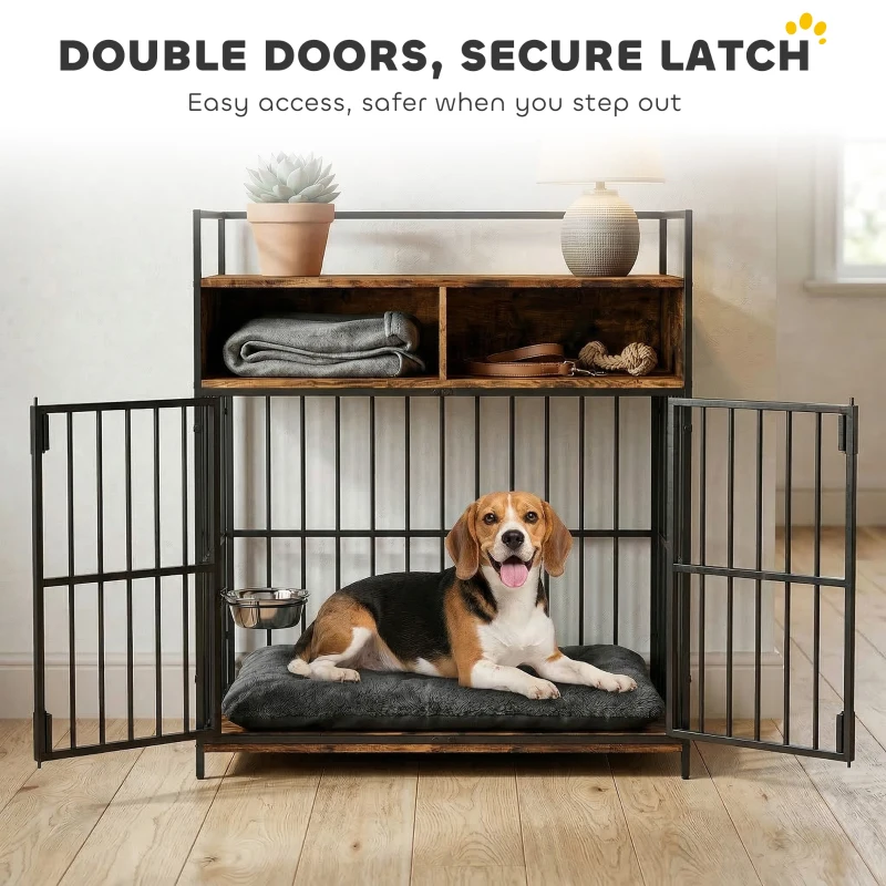 PawHut Dog Crate Furniture, Dog Cage with Rotatable Feeding Station and Storage Shelves, End Side Table Indoor Pet Kenne