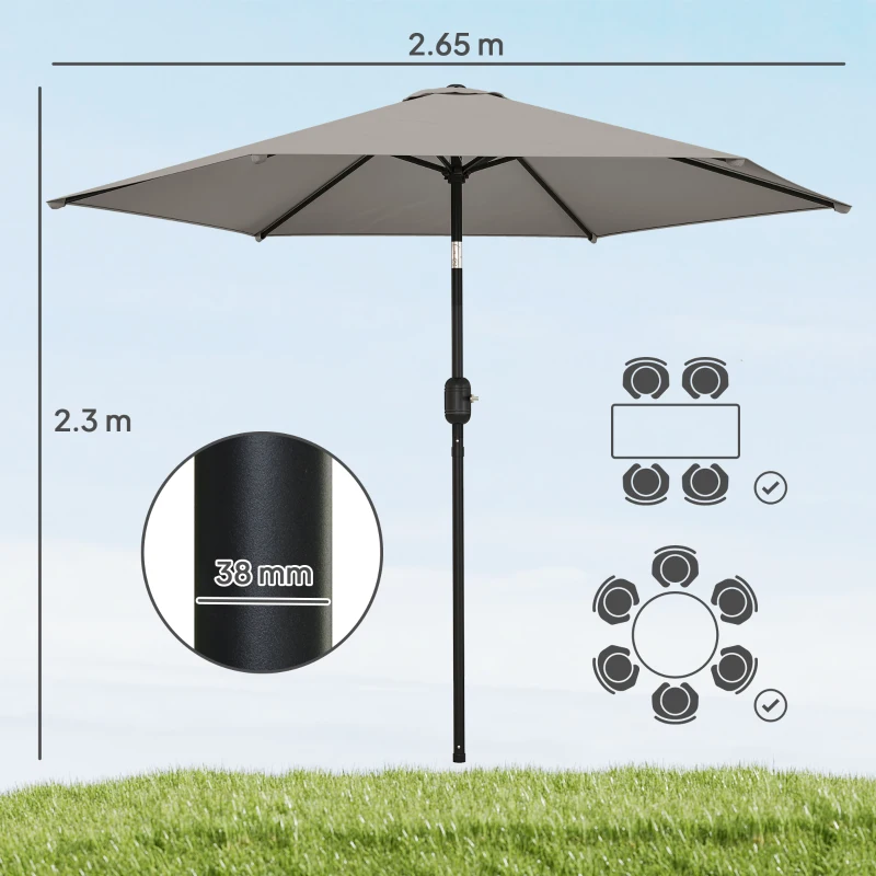 Outsunny 2.6 m Garden Parasol Umbrella with Aluminium Pole, Outdoor Patio Umbrella with Tilt and Crank, Vent, Light Grey