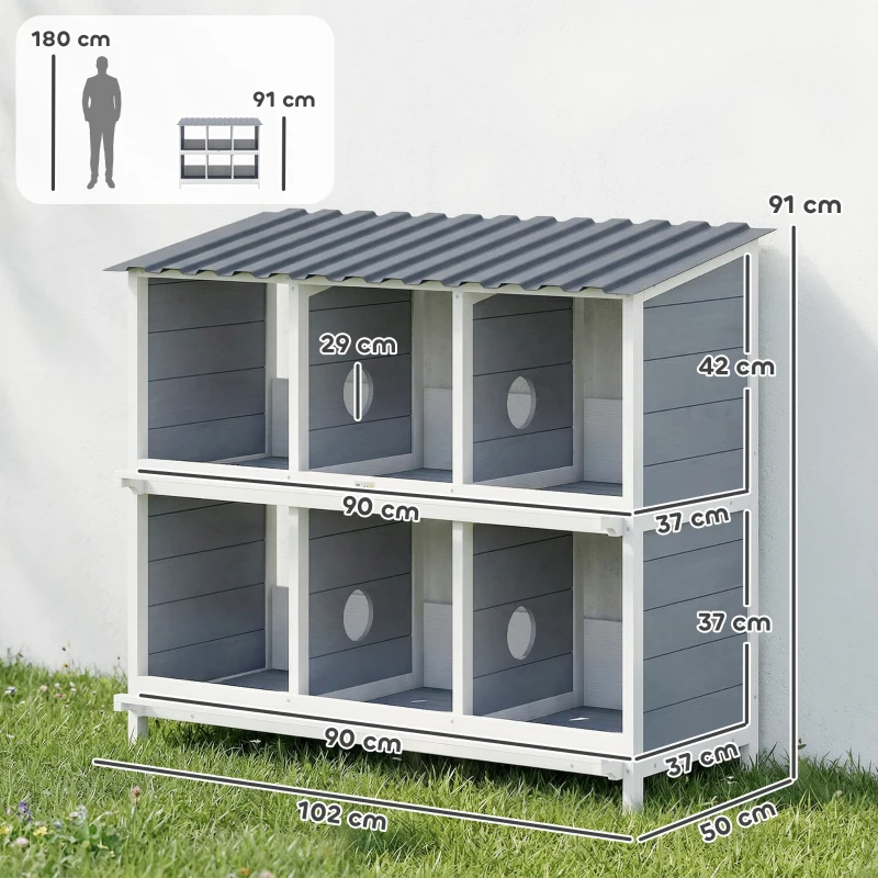 PawHut Nido de puesta para gallinas, nido elevado de madera con 6 compartimentos y 4 perchas para establo de pequeños animales 102 x 50 x 91 cm, Gris