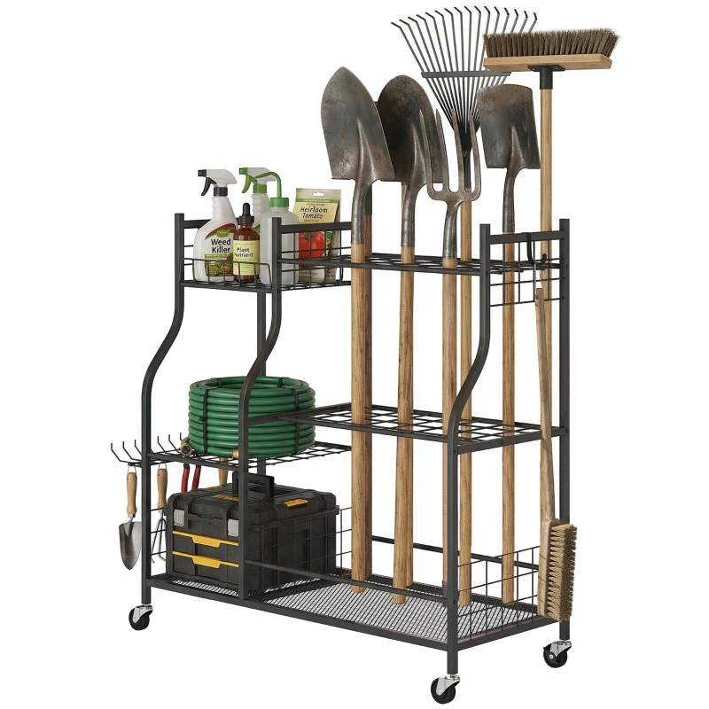 Outsunny Organizador de Herramientas de Jardín de Acero de 3 Niveles, 74 Huecos, 4 Ruedas, 11 Ganchos, 104x40x95cm, Negro