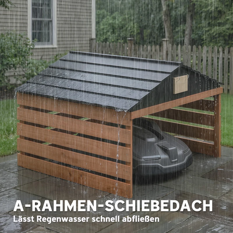 Outsunny Mähroboter Garage Holz Überdachung mit Satteldach wetterfest Garage für Rasenmäher Unterstand 79 x 74 x 54 cm Rotbraun