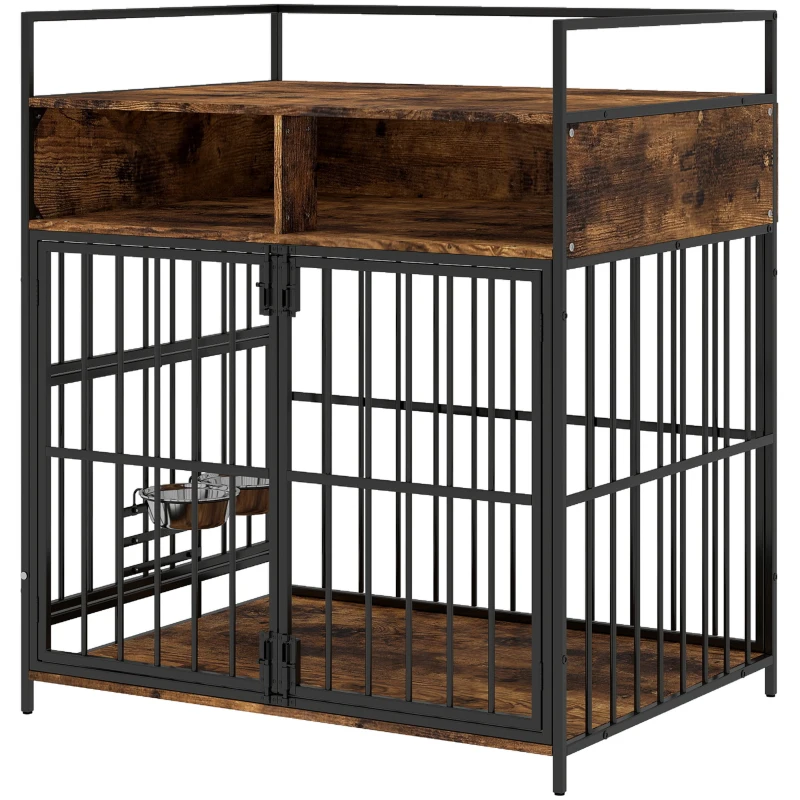 PawHut Dog Crate Furniture, Dog Cage with Rotatable Feeding Station and Storage Shelves, End Side Table Indoor Pet Kenne