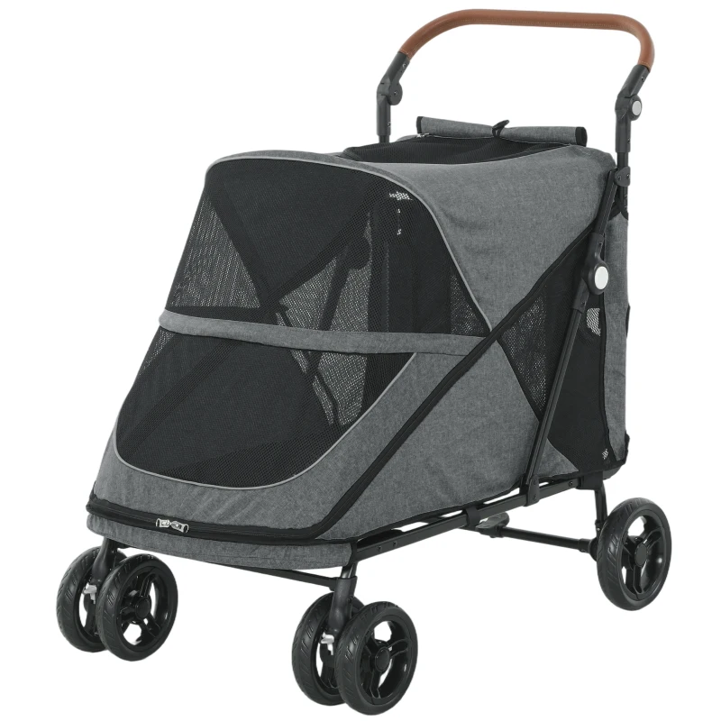 PawHut Cărucior pliabil pentru câini buggy pentru câini mari până la 30 kg cu roți rotative 360° fereastră din plasă pernă mâner reglabil Gri