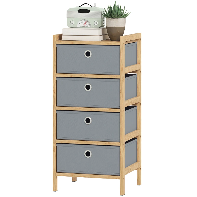 HOMCOM Chest of Drawers, 4 Fabric Drawers Narrow Dresser with Bamboo Frame, Light Grey
