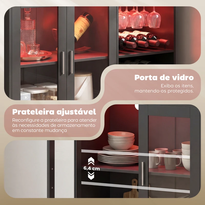 HOMCOM Móvel de Bar com Luzes LED RGB e Porta-Garrafas para 12 Garrafas Armário Buffet para Vinhos para Sala de Jantar Sala de Estar Preto
