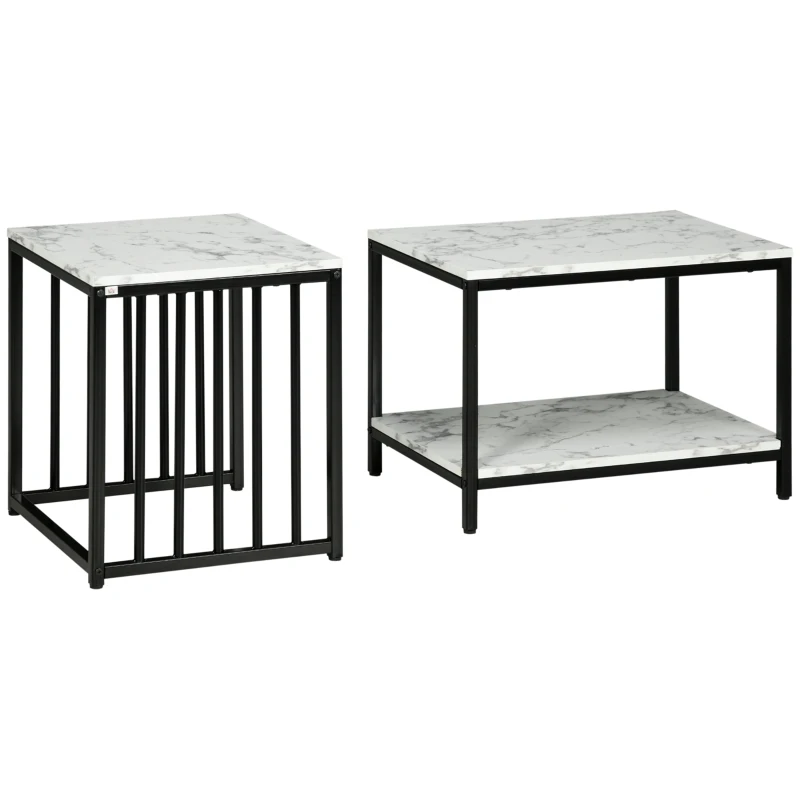 HOMCOM Set of 2 side tables nesting stackable coffee tables with marble-effect wood-look top black metal frame