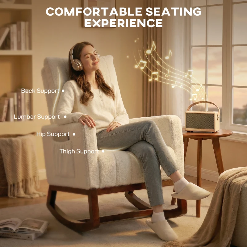 HOMCOM Rocking Chair for Adults, Lounge Rocker Chair with Lumbar Pillow, High Back, Wood Base, Side Pockets, Cream White