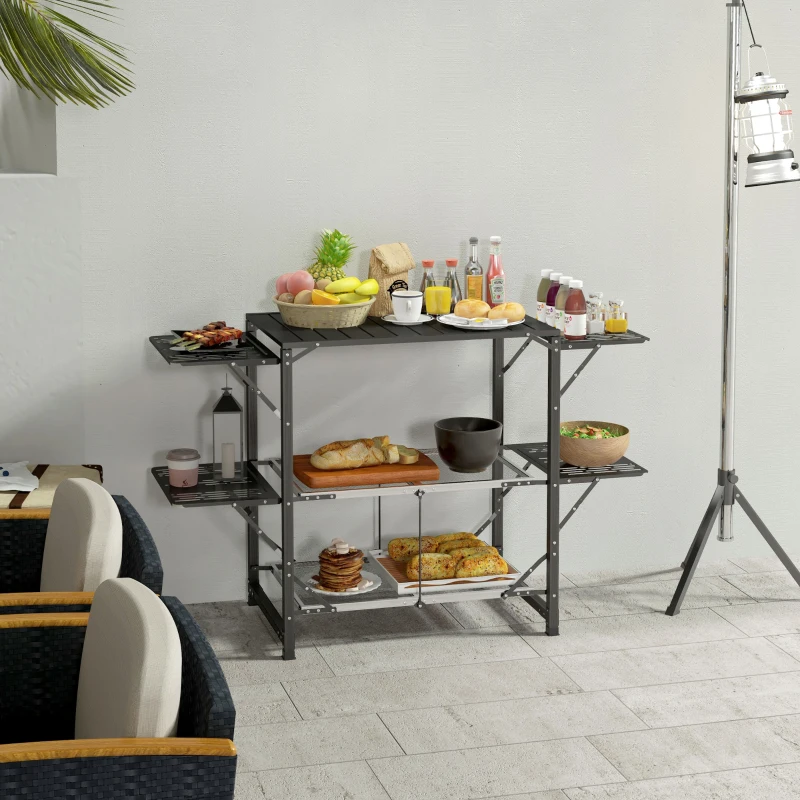 Outsunny Table de cuisine de camping pliante, acier et aluminium, sac de transport, 2 tablettes , 2 étagères et porte-gobelets
