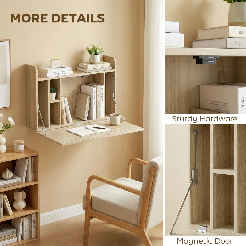 HOMCOM Wall Mounted Desk, Drop Leaf Floating Laptop Desk with Space Saving Storage Compartments for Home Office, Oak