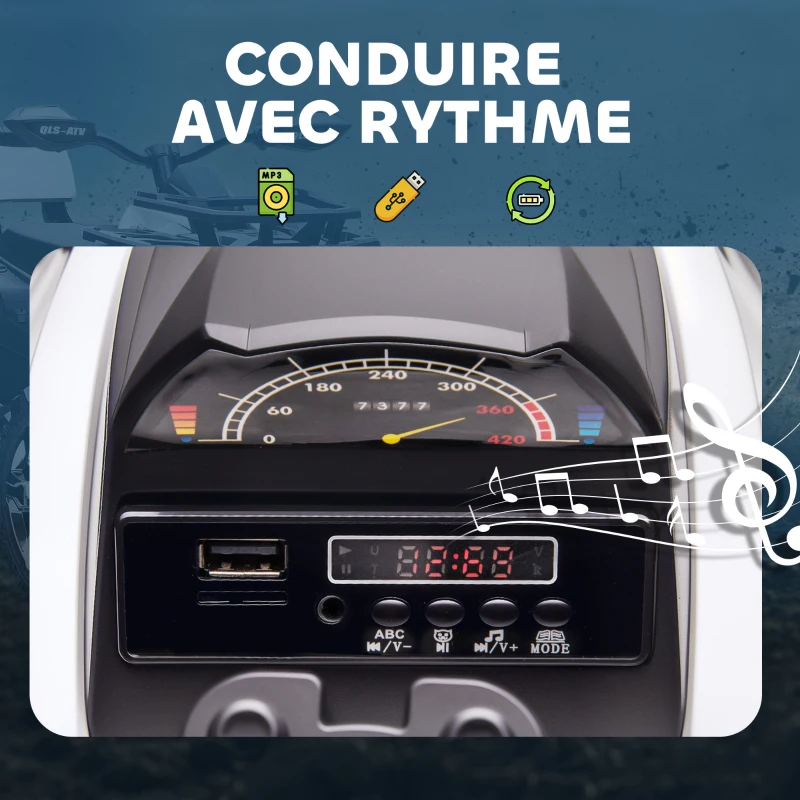 HOMCOM Quad Buggy électrique Enfant 12 V 8 Km/h Max. Voiture électrique Enfant avec Effets Lumineux sonores métal PP Blanc Noir