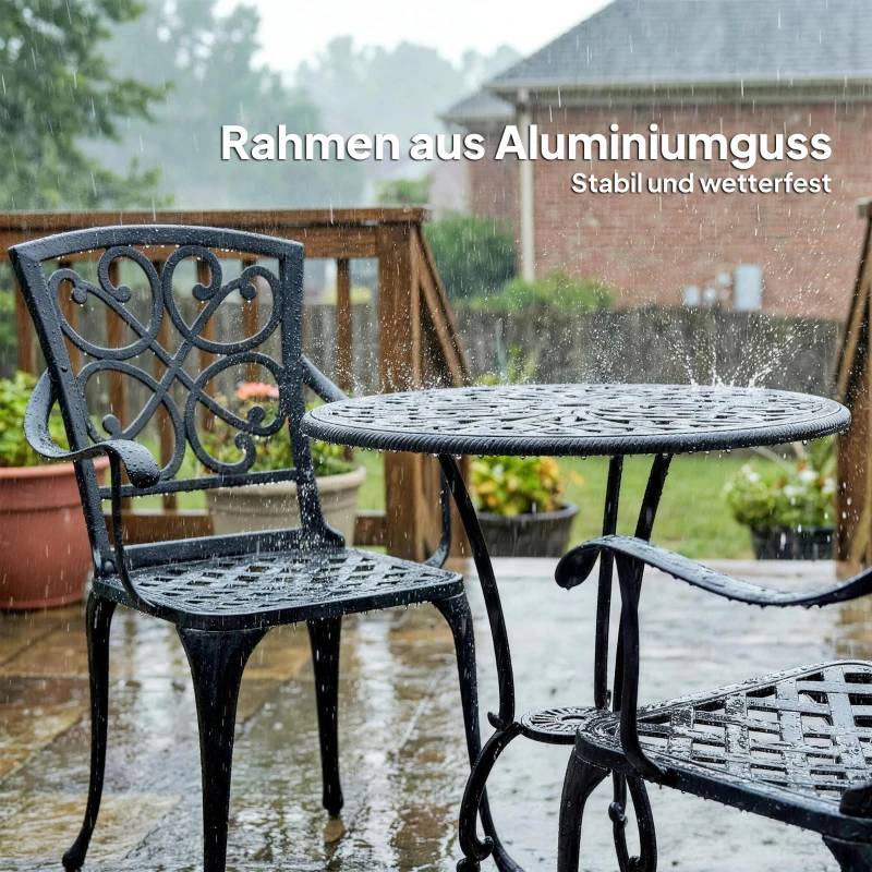 Outsunny 3-teiliges Garten Bistro Set runder Bistrotisch mit 2 Stühlen Sonnenschirmloch, Antik aus Aluminiumguss