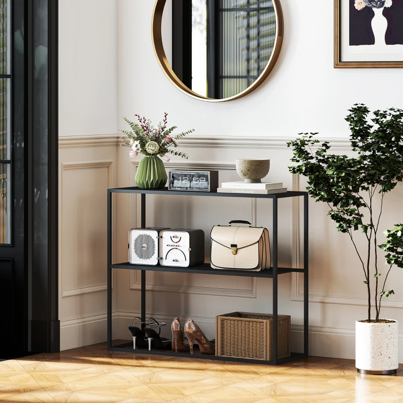 HOMCOM Table console table d'appoint d'entrée minimaliste industrielle 2 étagères 90 x 30 x 75 cm acier noir