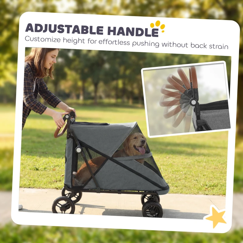 PawHut Poussette pliable pour chiens jusqu'à 30 kg avec roues 360°, fenêtres en filet, coussin, poignée réglable, gris