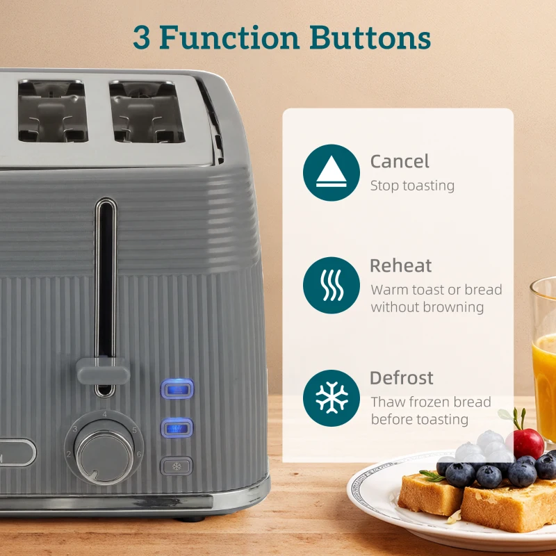 HOMCOM 4 Slice Toaster with 7 Browning Levels, Bread Toaster with Removable Crumb Tray, Grey