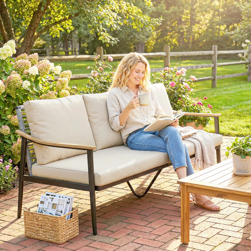 Outsunny Trzyosobowa sofa ogrodowa z rattanu z wyjmowanymi poduszkami, podłokietnikami w kolorze drewna, stalową ramą, khaki