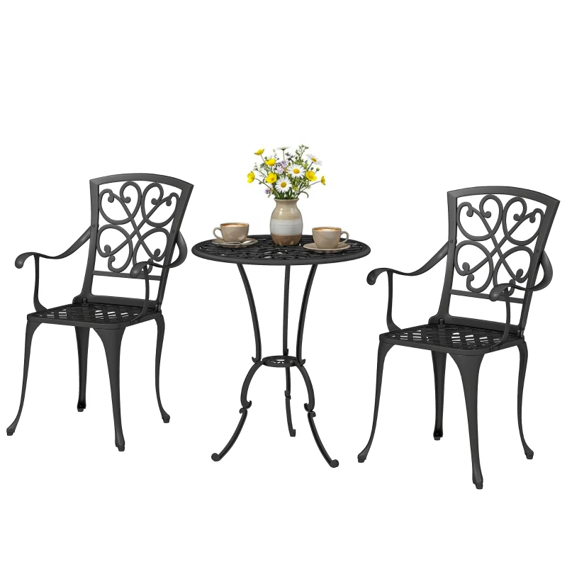 Outsunny 3-teiliges Garten Bistro Set runder Bistrotisch mit 2 Stühlen Sonnenschirmloch, Antik aus Aluminiumguss