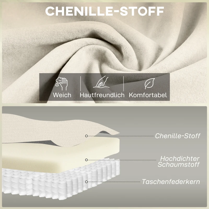 HOMCOM 146 cm Zweisitzer Sofa, Chenille-Sofa mit doppellagiger Polsterung, Federkissen, tiefem Sitz, hoher Rückenlehne, Creme