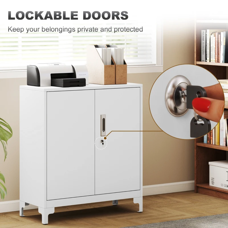 HOMCOM Lockable Metal Filing Cabinet, 2-Tier Storage Cupboard with Double Doors, Modern Office Organiser, White