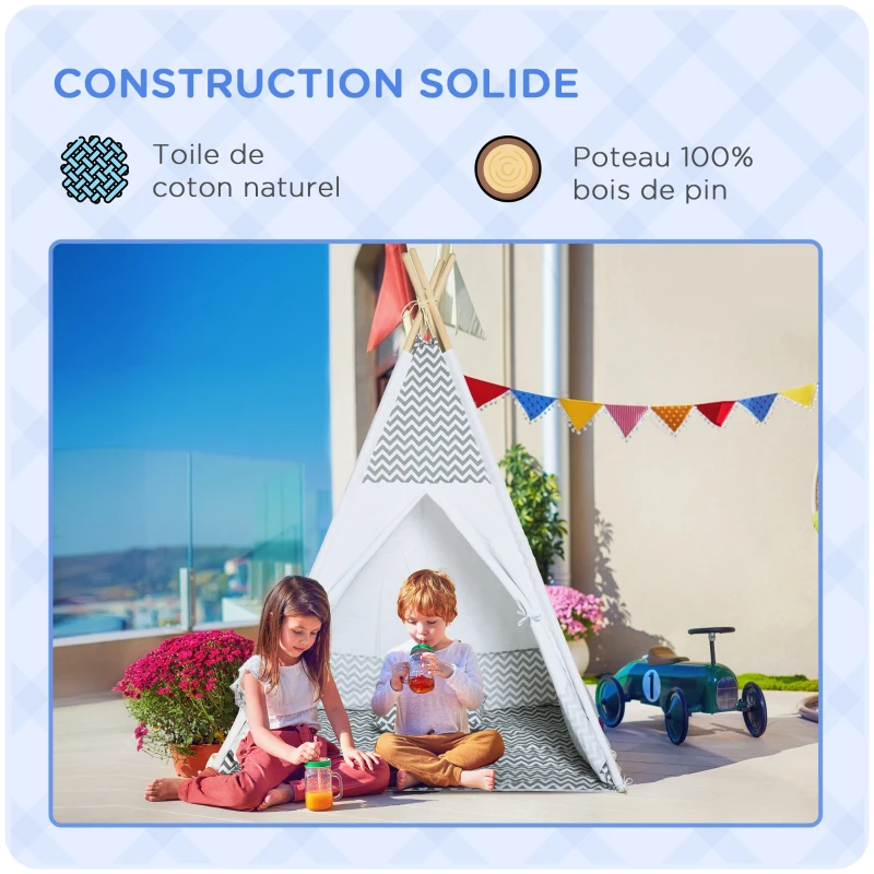 HOMCOM Indian Teepee Play Tent for Children Graphic Style - dim. 1.2L x 1.2I x 1.55H m - Closable Door Window Mat Cushion Carry Bag Included - Indoor and Outdoor Gray White