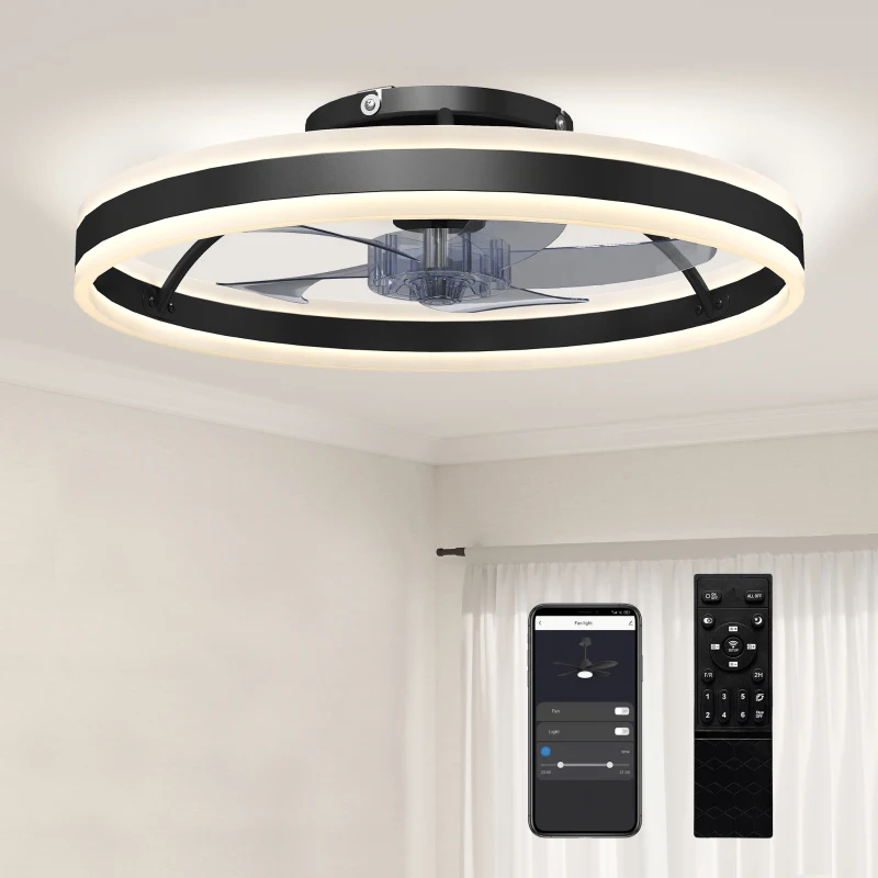 HOMCOM Ceiling Fan with Light and Remote, LED Mount Ceiling Fan with 3 Colour Temperatures, 6 Speed, 50 cm, Black