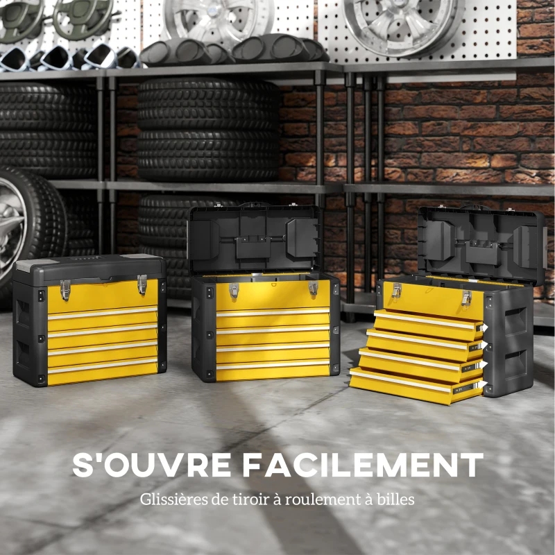 HOMCOM Boîte à outils à 4 tiroirs, caisse à outils en acier thermolaqué avec plateau amovible, 49,7x25,3x40,7cm, jaune