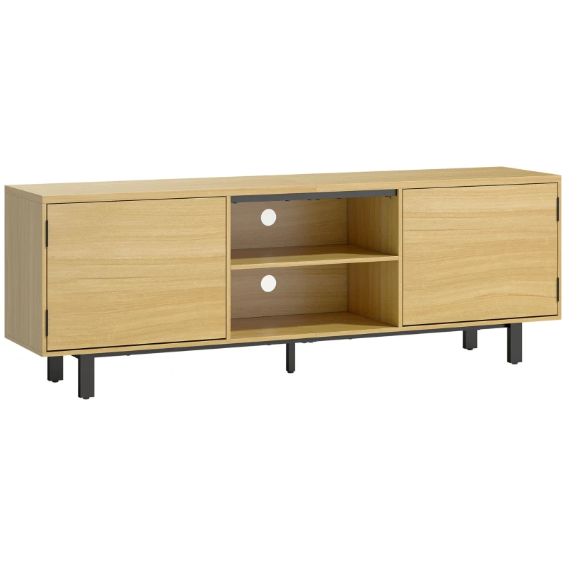HOMCOM Meuble TV, meuble télé jusqu'à 65 pouces, 2 portes à ouverture par pression et 2 étagères, 160x35x55,5cm, bois naturel