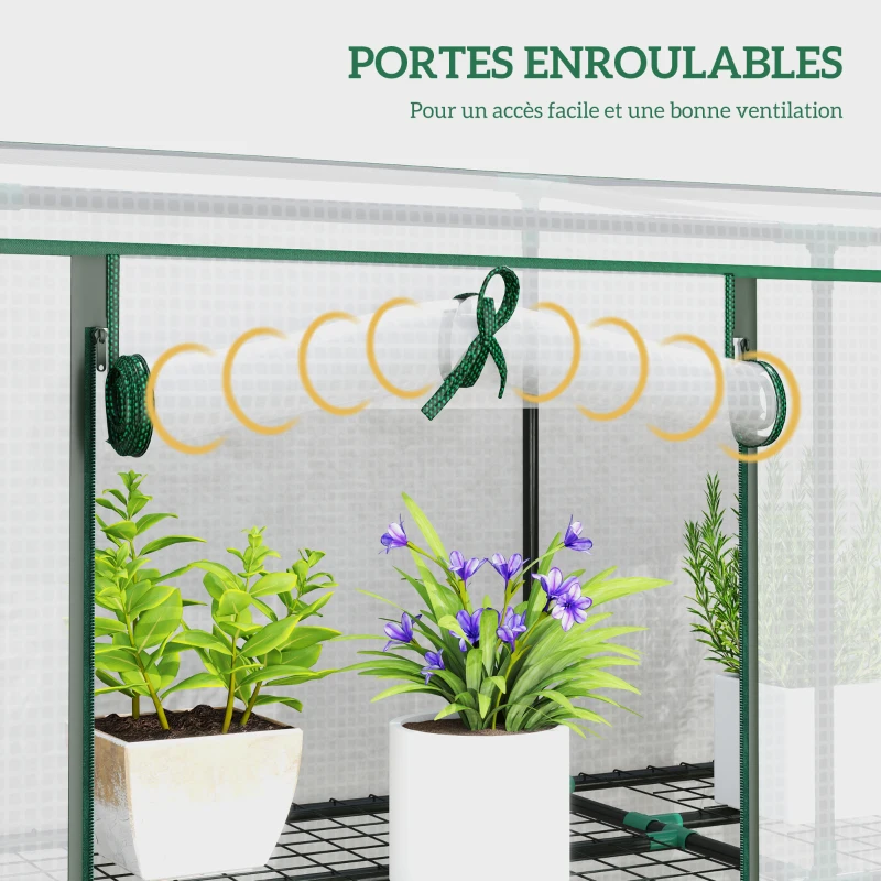 Outsunny Serre de jardin avec étagères à 3 niveaux serre de balcon 3 portes enroulables zippées 215 x 46 x 151 cm blanc