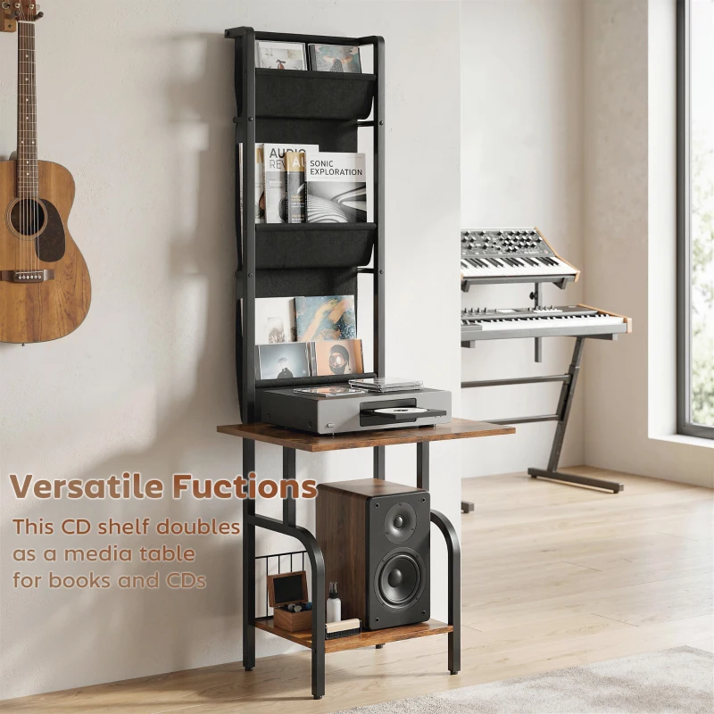 HOMCOM Vinyl Record Player Stand Record Storage with Player Stand Oxford Fabric Pockets Bottom Shelf Rustic Brown and Black