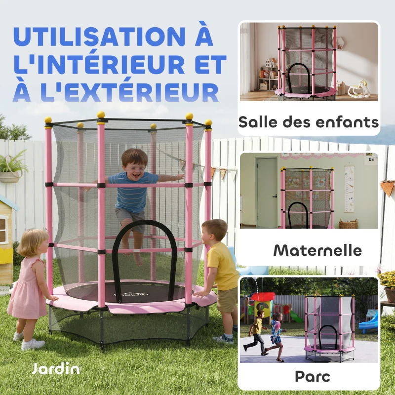 HOMCOM Trampoline Enfant Ø 1,40 × 1,90H m Filet de sécurité Porte zipée Couvre-Ressorts 6 poteaux rembourrés Inclus Rose