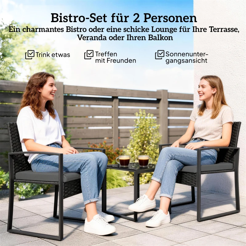 Outsunny Rattan Bistroset, 3 teiliges Gartenmöbel-Set mit 2 Gartenstühlen, Couchtisch, abnehmbar Kissen Dunkelgrau