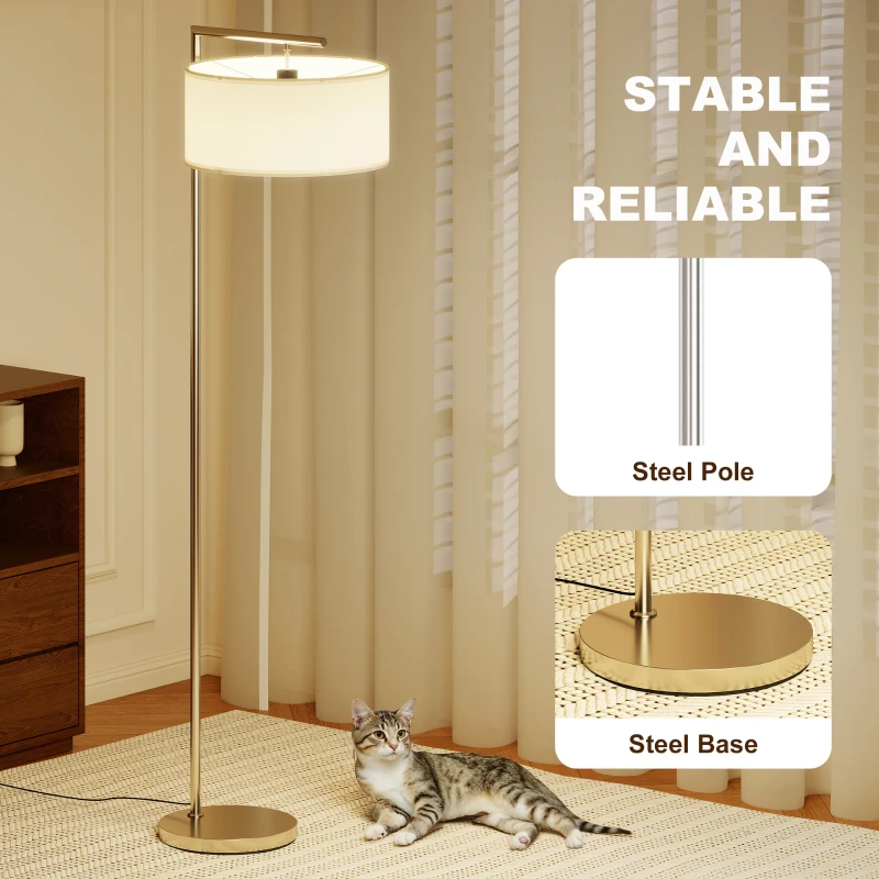 HOMCOM Floor Lamp, Modern Standing Lamp with Linen Lampshade, Round Base for Living Room, Bedroom, Dining Room, 153cm, Silver Tone