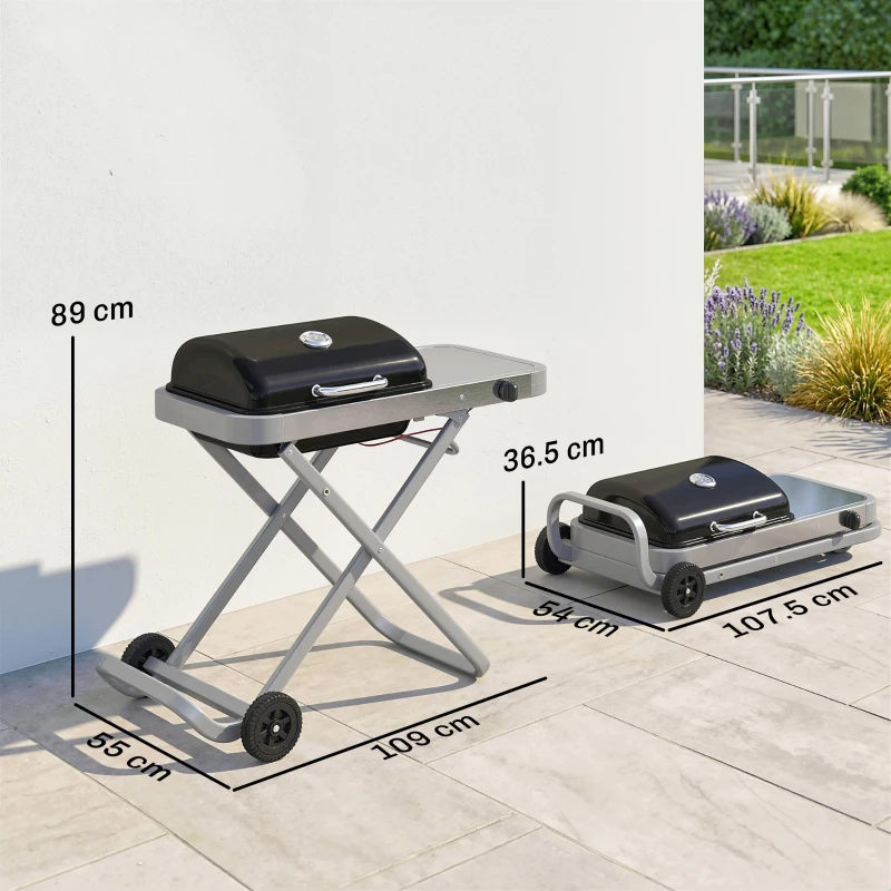 Outsunny Foldable Gas BBQ Grill with Side Table, Portable Gas Barbecue Grill with Thermometer, Grease Box, Wheels, 2.5 kW, Black