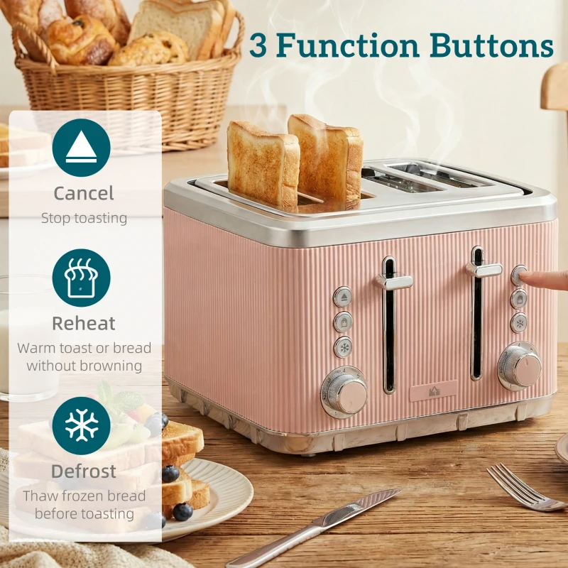 HOMCOM Electric Stainless Steel Kettle and Toaster Set, 3000W 1.7L UK Strix Thermostat Fast Boil Kettle Pink