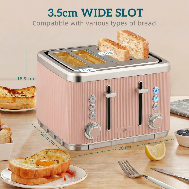 HOMCOM Electric Stainless Steel Kettle and Toaster Set, 3000W 1.7L UK Strix Thermostat Fast Boil Kettle Pink