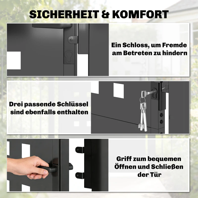 Outsunny Gartentor aus verzinktem Stahl Metall Gartentür mit Griff Schloss 3 Schlüssel abschließbar Zauntor 105x130 cm Dunkelgrau