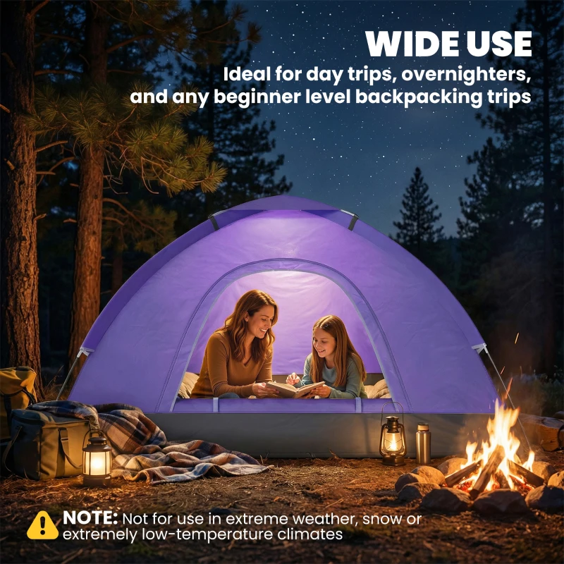 Outsunny 2 Person Camping Tent, Dome Tent with Zipped Doors, Storage Pocket, Portable Handy Bag, Light Purple