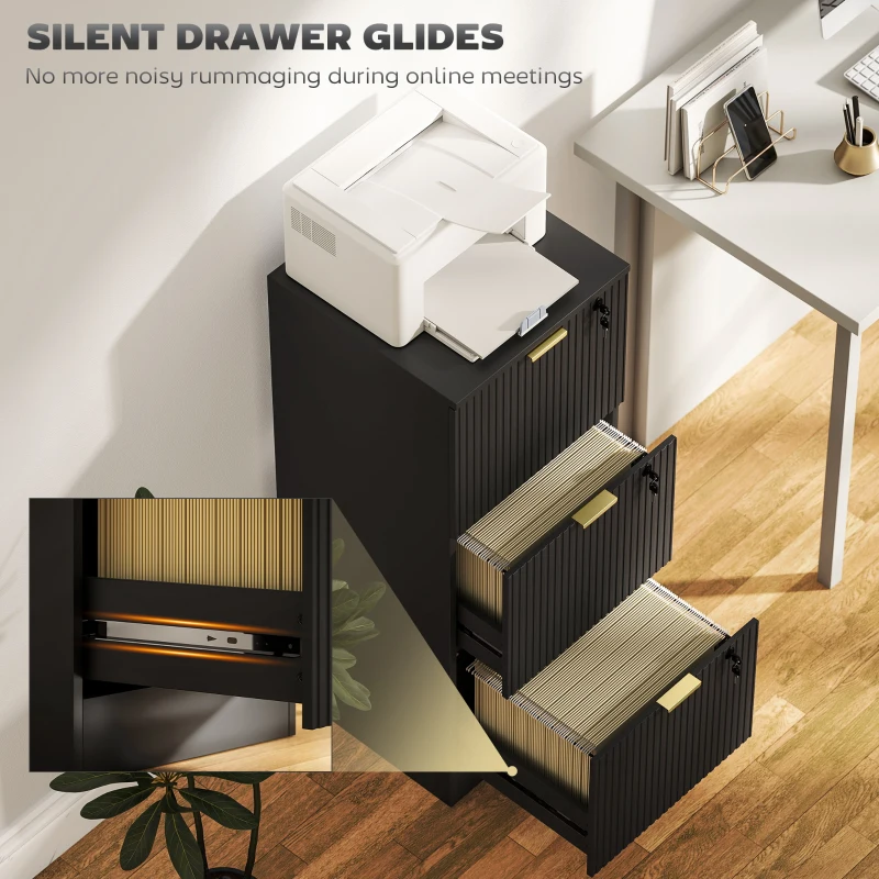 HOMCOM Filing Cabinet, Fluted Vertical File Cabinet with 3 Lockable Drawers and Hanging Rails, Black