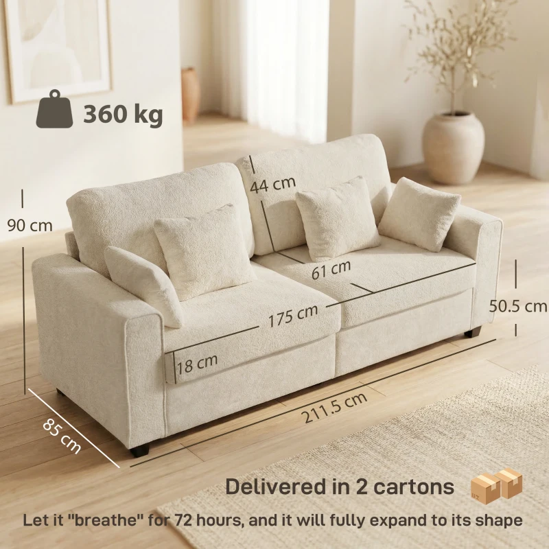 HOMCOM Divano Moderno 3 posti con braccioli larghi e 4 cuscini, rivestimento in velluto Raindrop e seduta profonda, 211,5x85x90 cm, beige