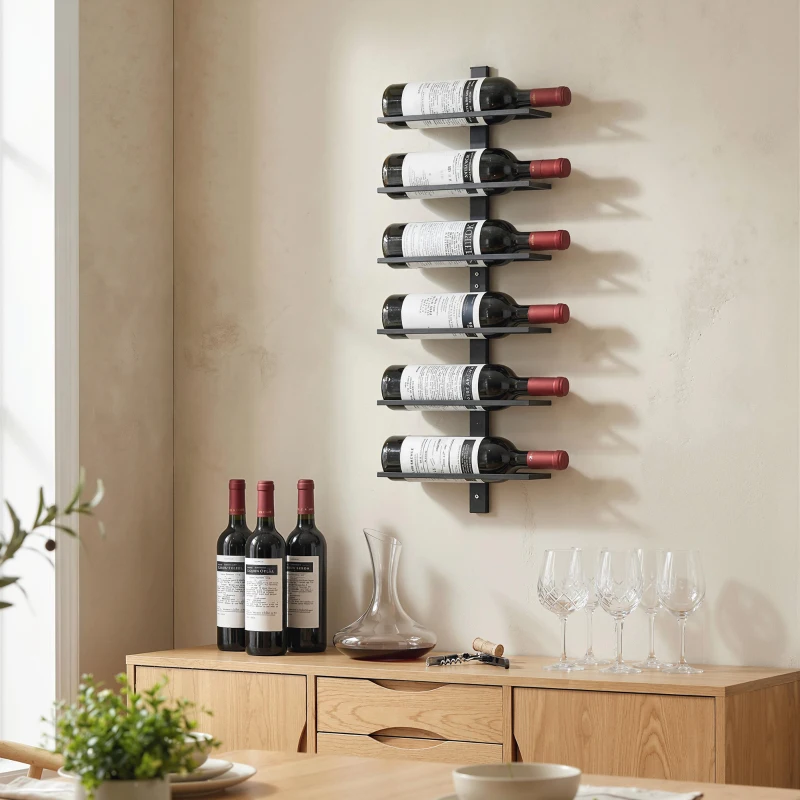 HOMCOM Wall Mounted Wine Rack, 6 Tier Metal Wine Display Rack, Storage Holder for Kitchen, Black