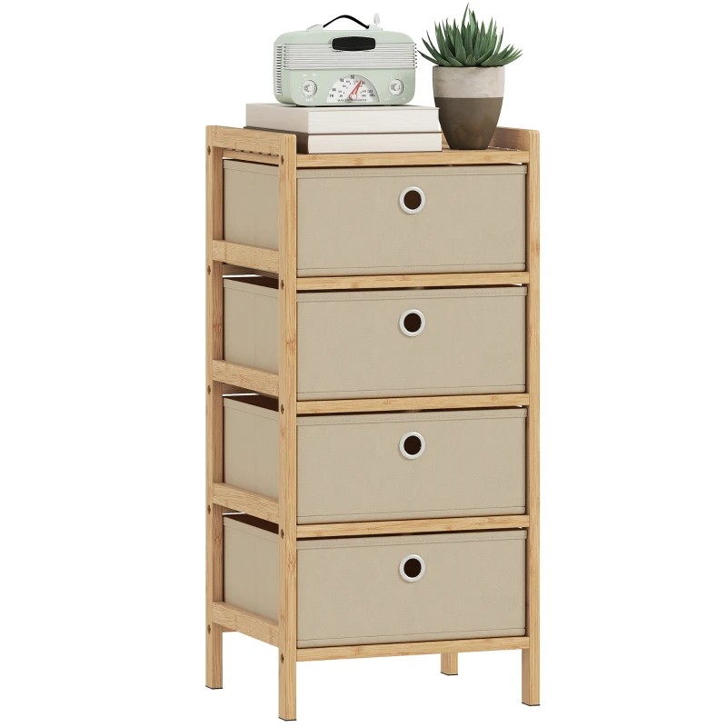 HOMCOM Chest of Drawers, 4 Fabric Drawers Narrow Dresser with Bamboo Frame, Cream White