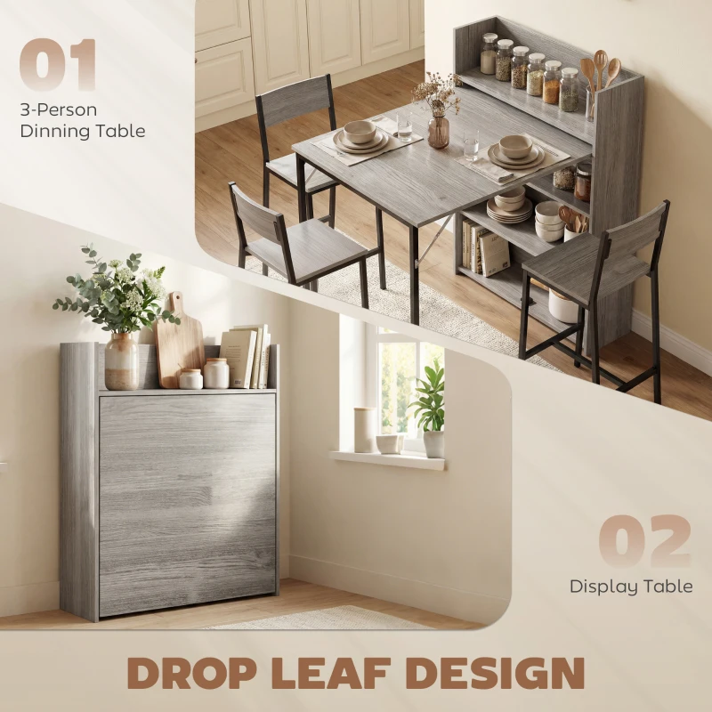 HOMCOM Kitchen Table, Folding Dining Table, with 4-Tier Shelves, Modern Drop-Leaf Table, Grey Wood Effect