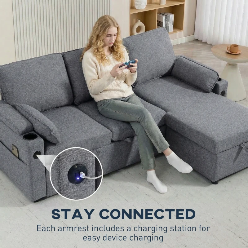 HOMCOM Corner Sofa Bed, L Shaped Sleeper Sectional Sofa with Reversible Storage Chaise, Grey