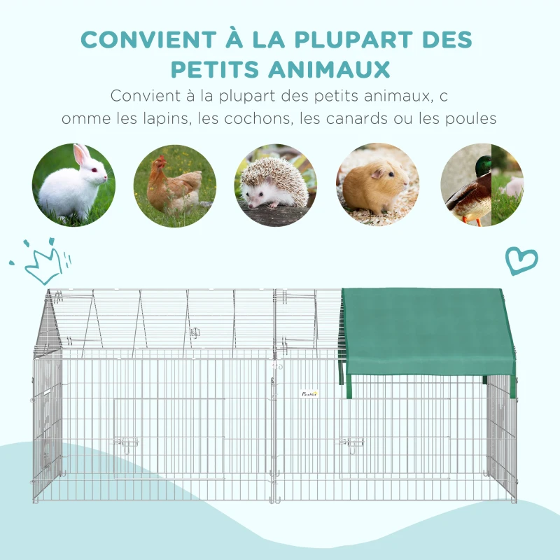PawHut Small Animal Fence Pet Cage Galvanized Metal Frame 4 Ground Stakes Included 220 x 103 x 103 cm Silver & Green