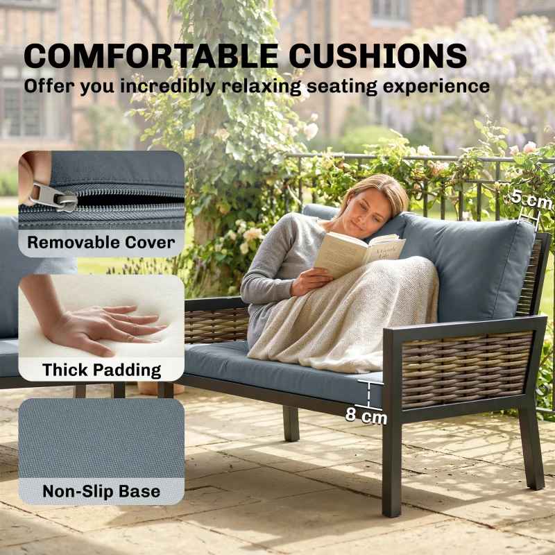 Outsunny 4 Seater Rattan Garden Furniture Set with 2 Armchairs, Loveseat, Coffee Table, Garden Sofa Set with Cushions, Grey