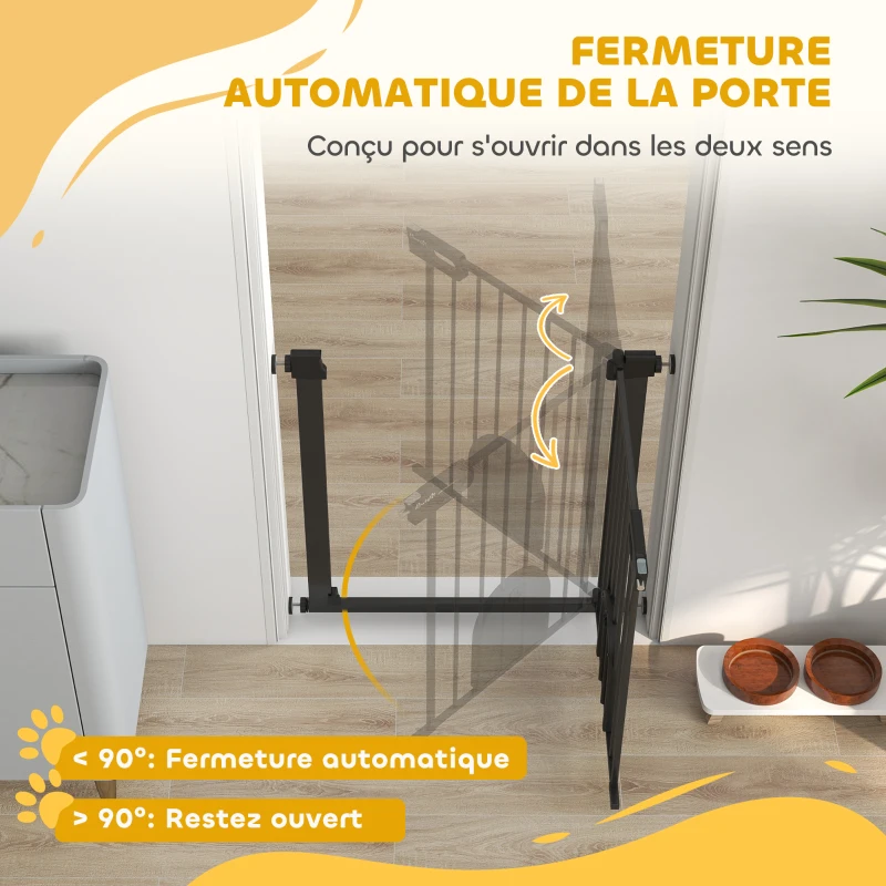 PawHut Barrière de sécurité animaux avec porte fermeture automatique système de double verrouillage, acier noir