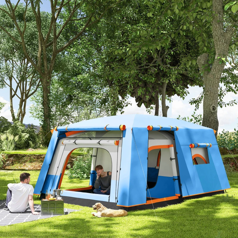 Outsunny Tente de camping familiale 4-5 personnes, tente tunnel imperméable, portes + fenêtres, 4,3 x 3 x 1,95 m, bleu