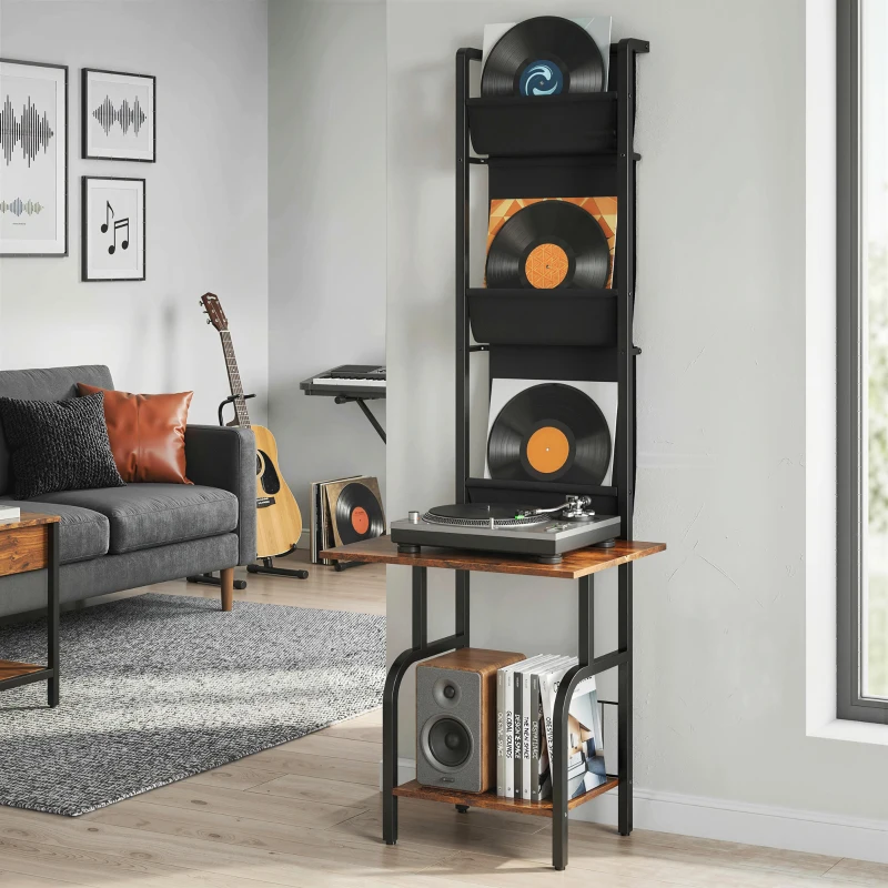 HOMCOM Vinyl Record Player Stand Record Storage with Player Stand Oxford Fabric Pockets Bottom Shelf Rustic Brown and Black