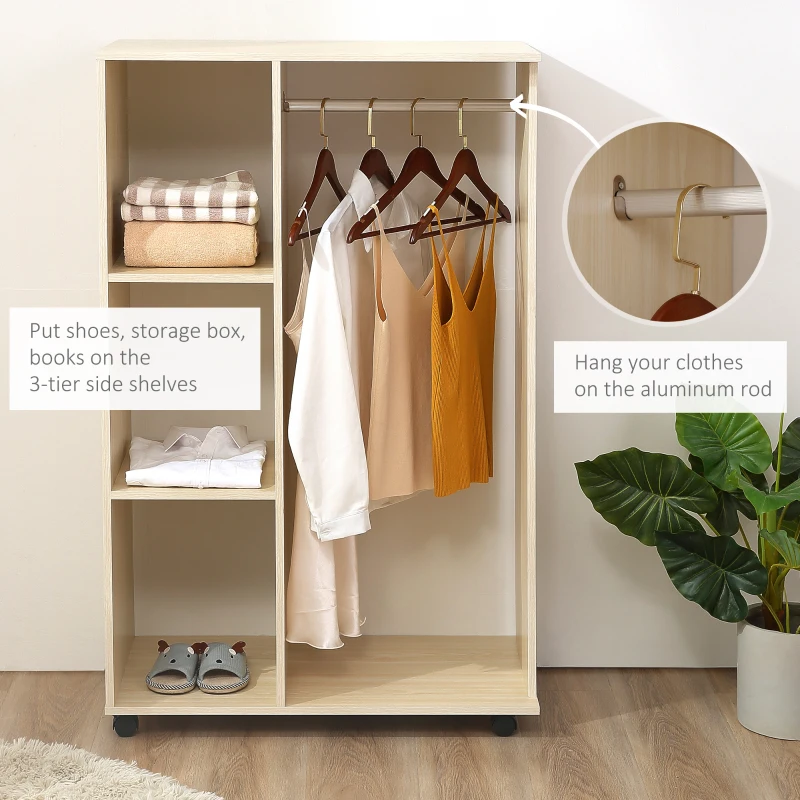 HOMCOM Open Wardrobe on Wheels, Bedroom Wardrobe with Clothes Hanging Rail, 3 Storage Shelves, Mobile Garment Rack for Cloakroom, Hallway, Maple Wood-Effect