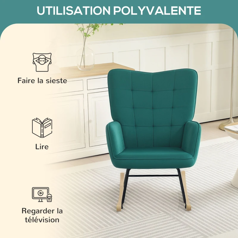 HOMCOM Fauteuil à bascule rocking chair revêtement en velous structure en acier 71 x 98 x 101 cm Vert