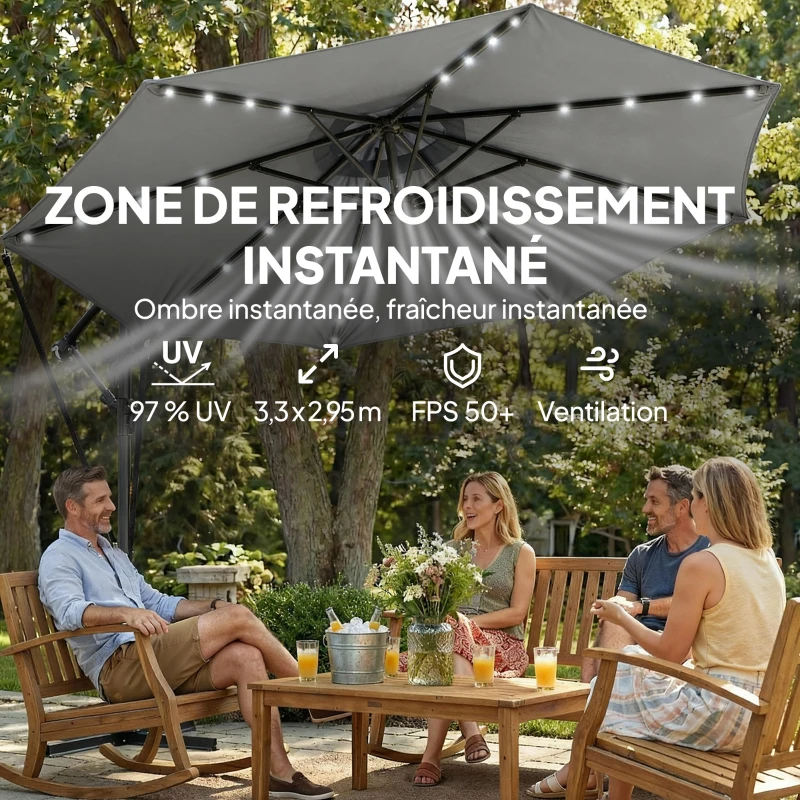 Outsunny Parasol Déporté Parasol de Jardin LED Solaire 32 Lampes LED Manivelle UV 50+ et Housse de Protection Ø 295cm Gris